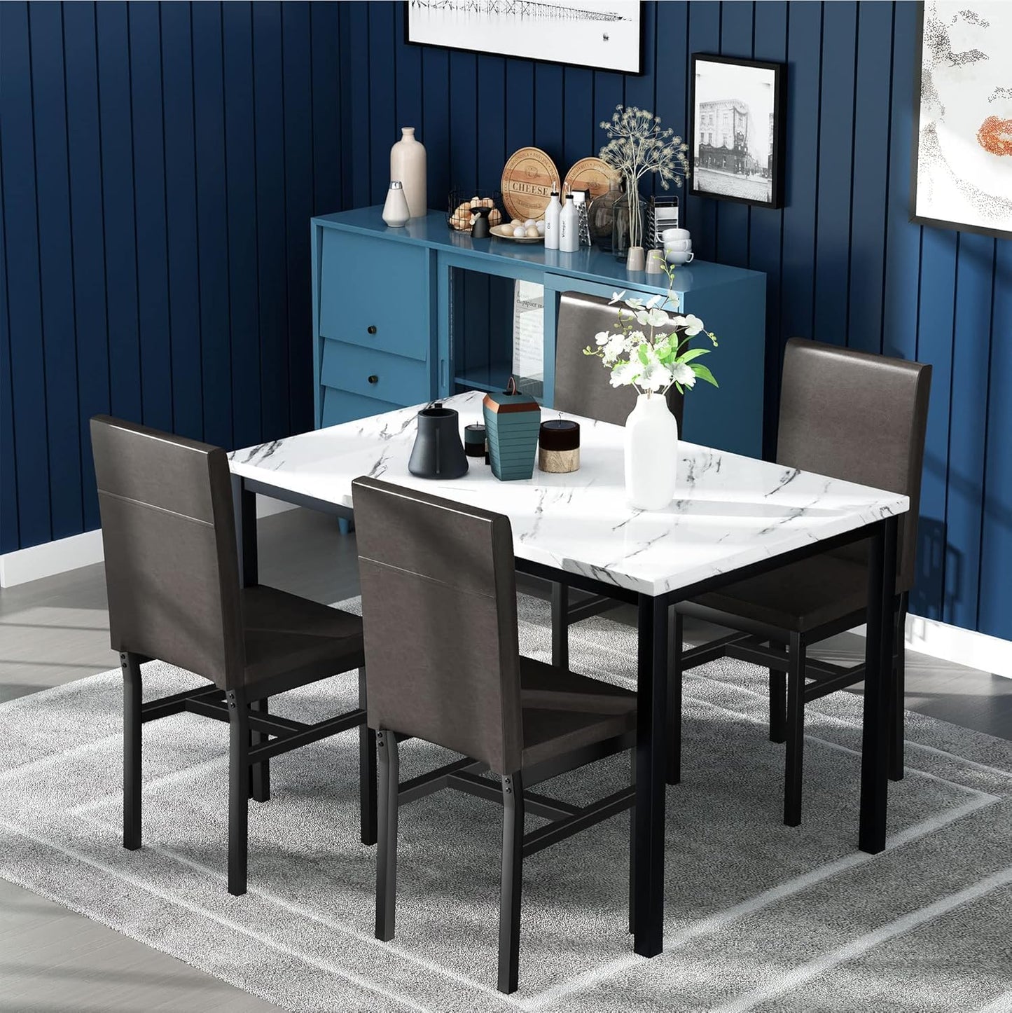 AWQM Modern Kitchen Marble Dining Table Set for 4