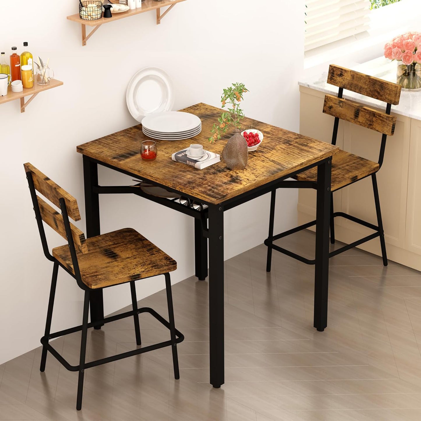 AWQM 3 Piece Bar Table and Chairs Set, Counter Height Small Dining Table with 2 Bar Stools, Farmhouse Square Kitchen Table with Storage for Bistro, Pub, Small Space