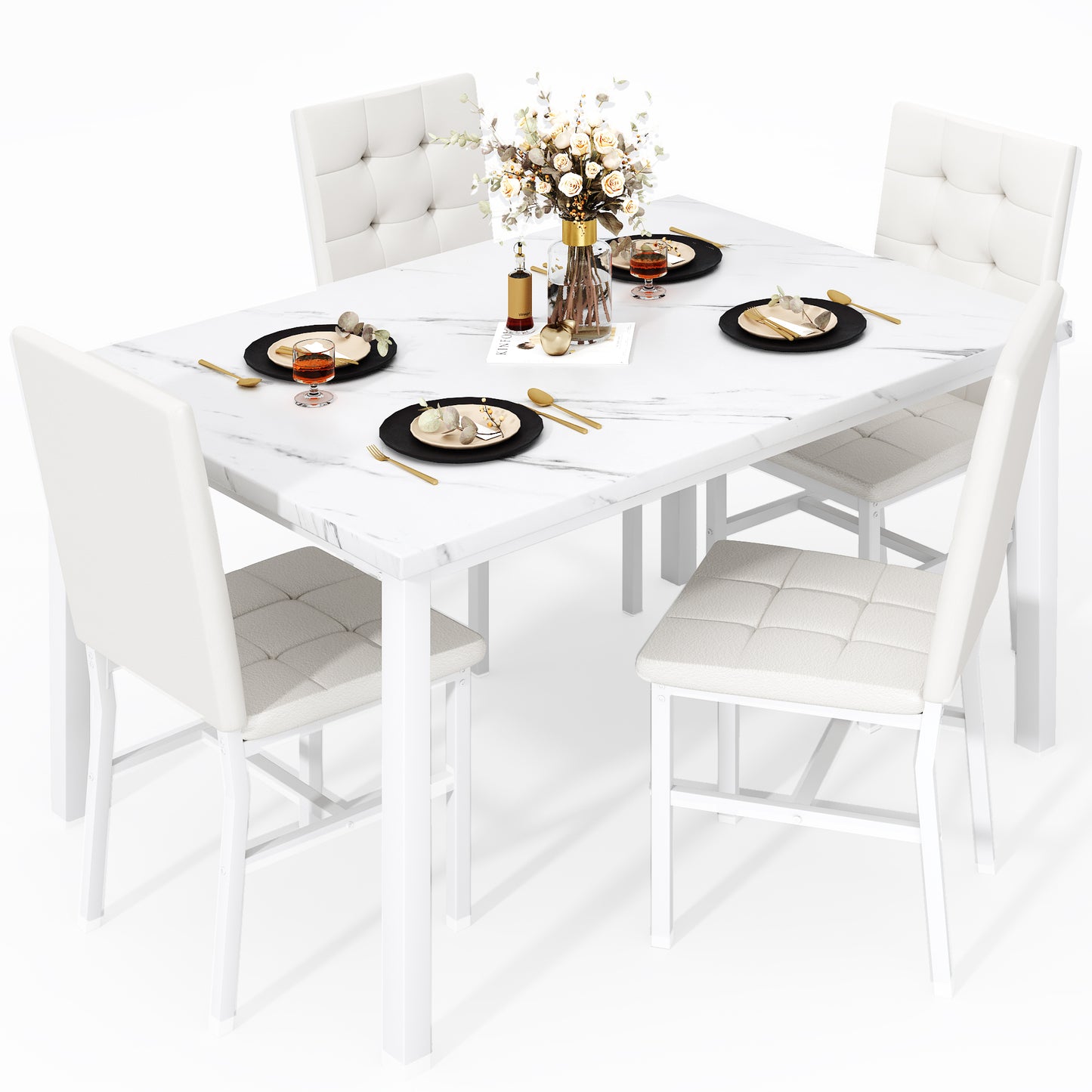 AWQM Dining Table Set for 4,Faux Marble Kitchen Table and Chairs Set of 4, Modern Dining Room Set for 4,Dinner Table Set with Velvet Chairs, Dining Set for Small Spaces