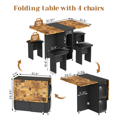AWQM Folding Dining Table Set for 4, Dinner Table with 4 Leather Chairs and Shelves, Space Saving Foldable Dining Table with 6 Wheels, Kitchen Table Set for Small Spaces