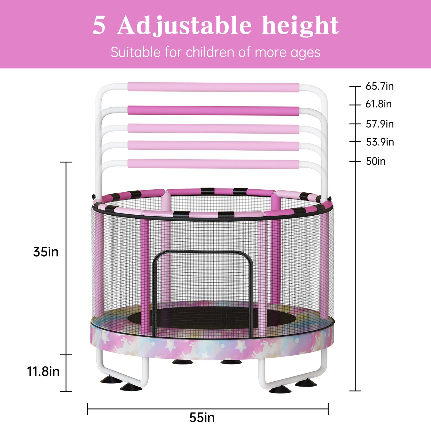 AWQM 55" 7-in-1 Round Trampoline for Kids Boys & Girls Ages 1-8, Indoor & Outdoor Trampoline for Fun, Adjustable Height Handrail ＆ Enclosed Safety Net ＆ Durable Designs for Toddlers Children