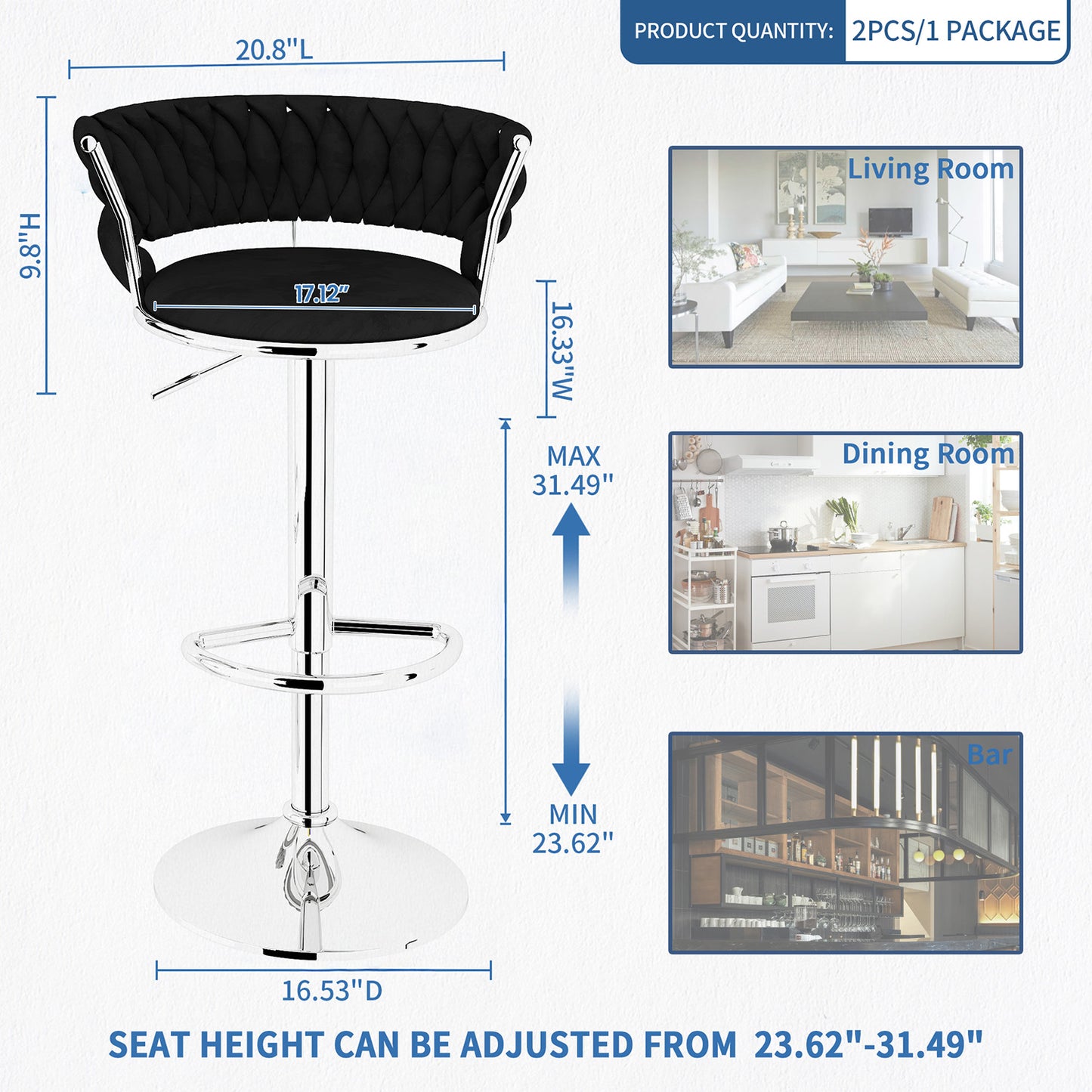 AWQM Velvet Bar Stools Set of 2 - Adjustable Height Swivel Kitchen Stools with Low Back for Dining Room, Breakfast Bar, Home Decor, and Entertaining Guests