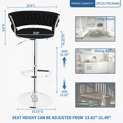 AWQM Velvet Bar Stools Set of 2 - Adjustable Height Swivel Kitchen Stools with Low Back for Dining Room, Breakfast Bar, Home Decor, and Entertaining Guests