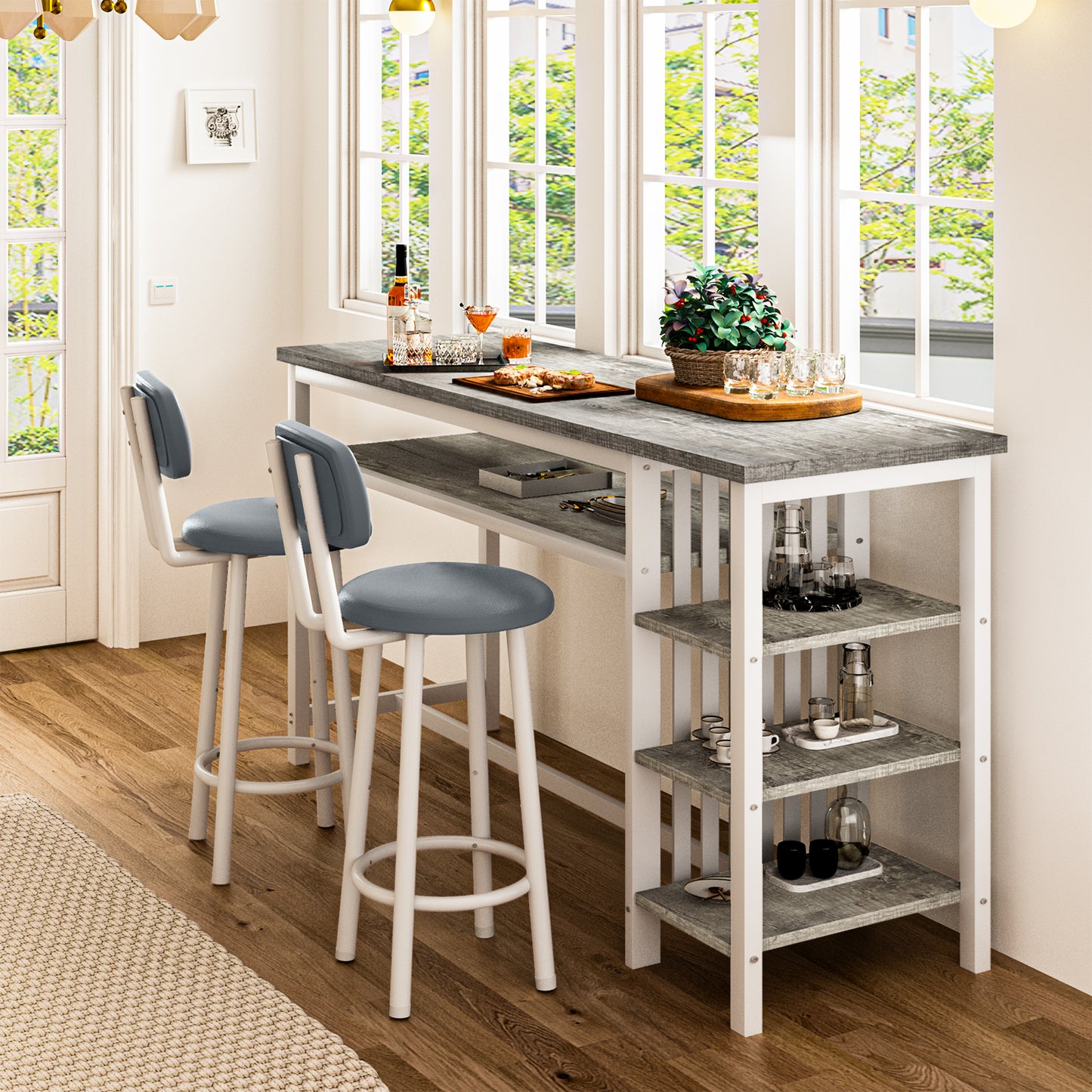 AWQM Bar Table and Chairs Set with Backrest for 2, Kitchen Counter Height Table Set with 4 Storage Shelves, Modern Pub Table with 2 PU Upholstered Stools for Kitchen, Dining Room, Rustic Brown+Black