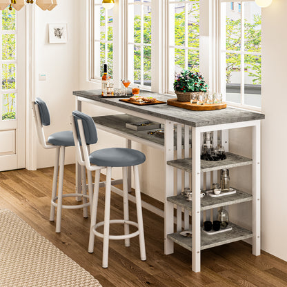 AWQM Bar Table and Chairs Set with Backrest for 2, Kitchen Counter Height Table Set with 4 Storage Shelves, Modern Pub Table with 2 PU Upholstered Stools for Kitchen, Dining Room, Rustic Brown+Black
