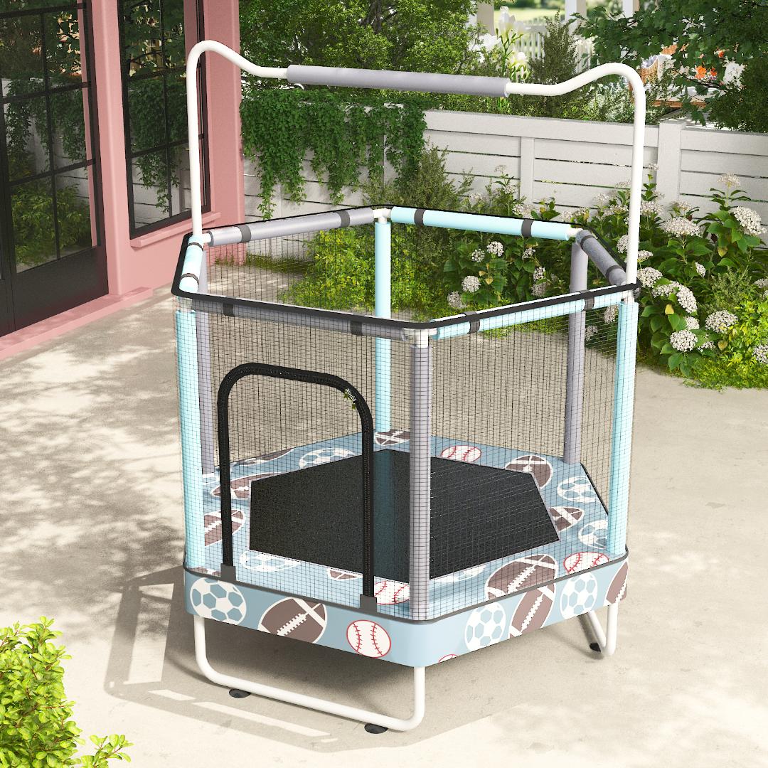 AWQM 55" Hexagon Trampoline, Indoor/Outdoor Trampoline, Safety Enclosure Net and Adjustable Handrail, 500lbs Capacity, 7-in-1