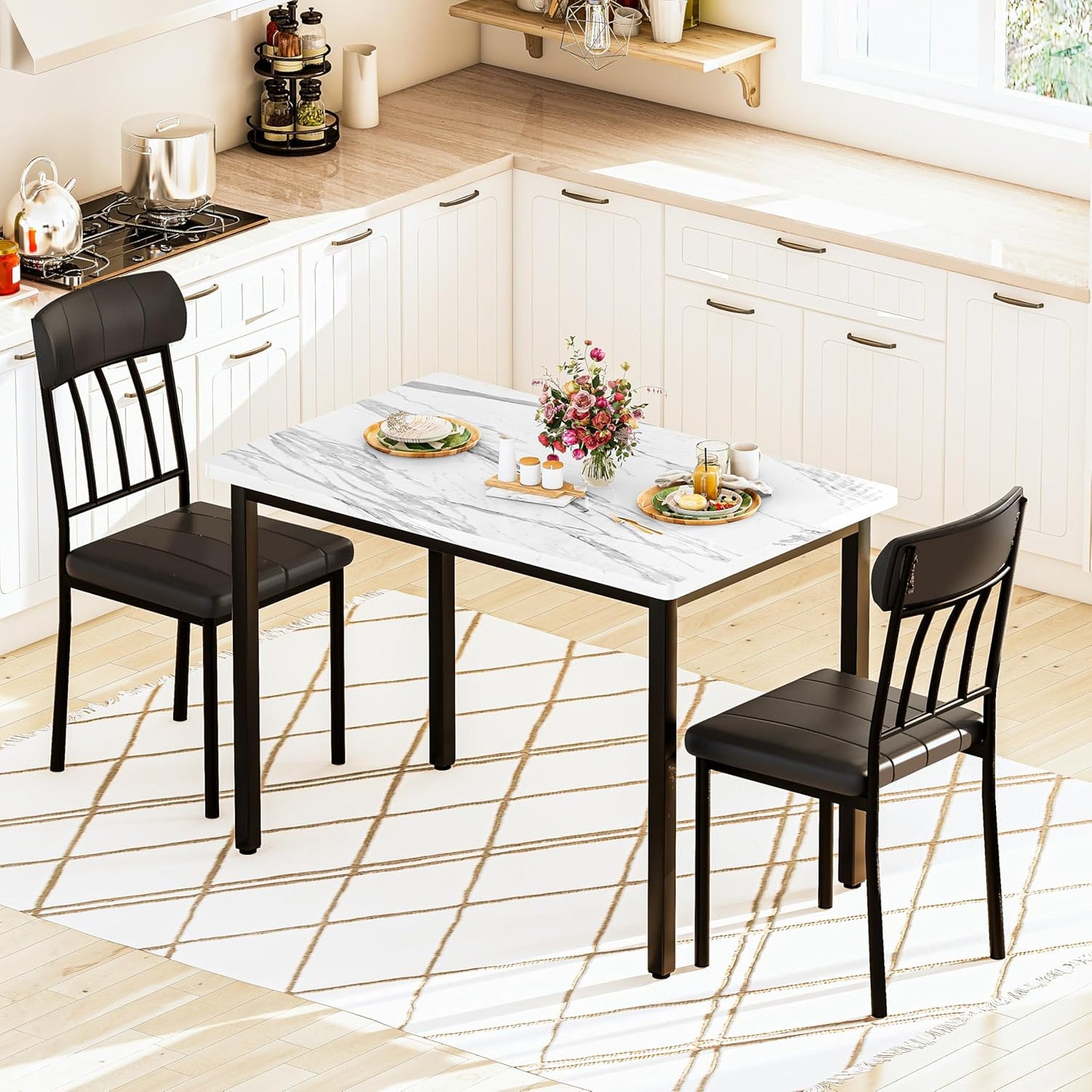 AWQM 3 Piece Dining Table Set for 2, Small Industrial Kitchen Table and 2 Chairs, Kitchen Breakfast Dining Table Set, Breakfast Table Set for Dining Room, Living Room, Apartment, Small Space