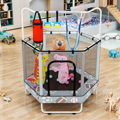 AWQM 55" Hexagon Trampoline, Indoor/Outdoor Trampoline, Safety Enclosure Net and Adjustable Handrail, 500lbs Capacity, 7-in-1