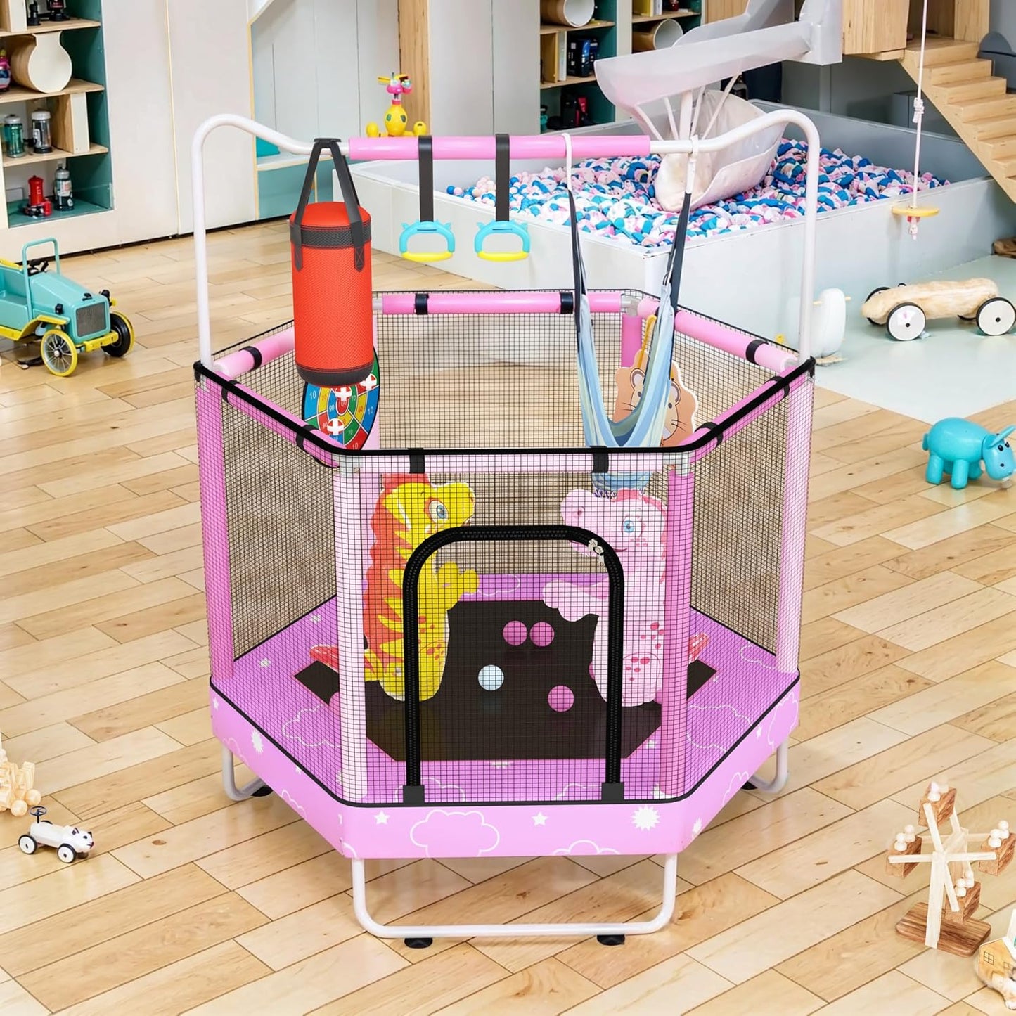 AWQM 55" Hexagon Trampoline, Indoor/Outdoor Trampoline, Safety Enclosure Net and Adjustable Handrail, 500lbs Capacity, 7-in-1