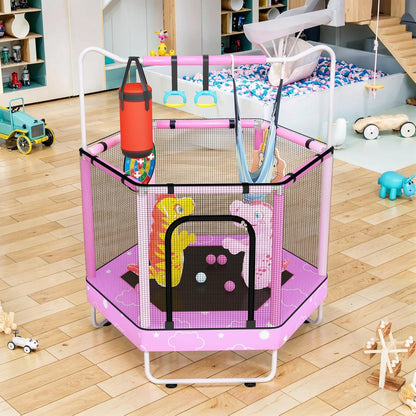 AWQM 55" Hexagon Trampoline, Indoor/Outdoor Trampoline, Safety Enclosure Net and Adjustable Handrail, 500lbs Capacity, 7-in-1
