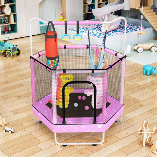 AWQM 55" Hexagon Trampoline, Indoor/Outdoor Trampoline, Safety Enclosure Net and Adjustable Handrail, 500lbs Capacity, 7-in-1