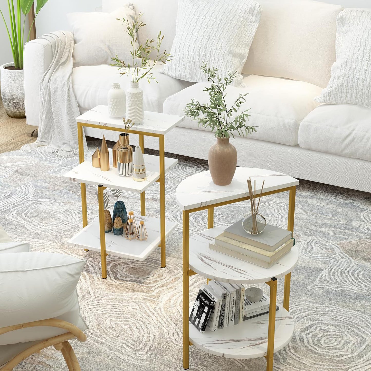 AWQM Faux Marble Table Set,Coffee Table & 2 Side Table, Faux Marble Tabletop and Metal Frame, 3 Piece Table Sets, for Living Room Apartment