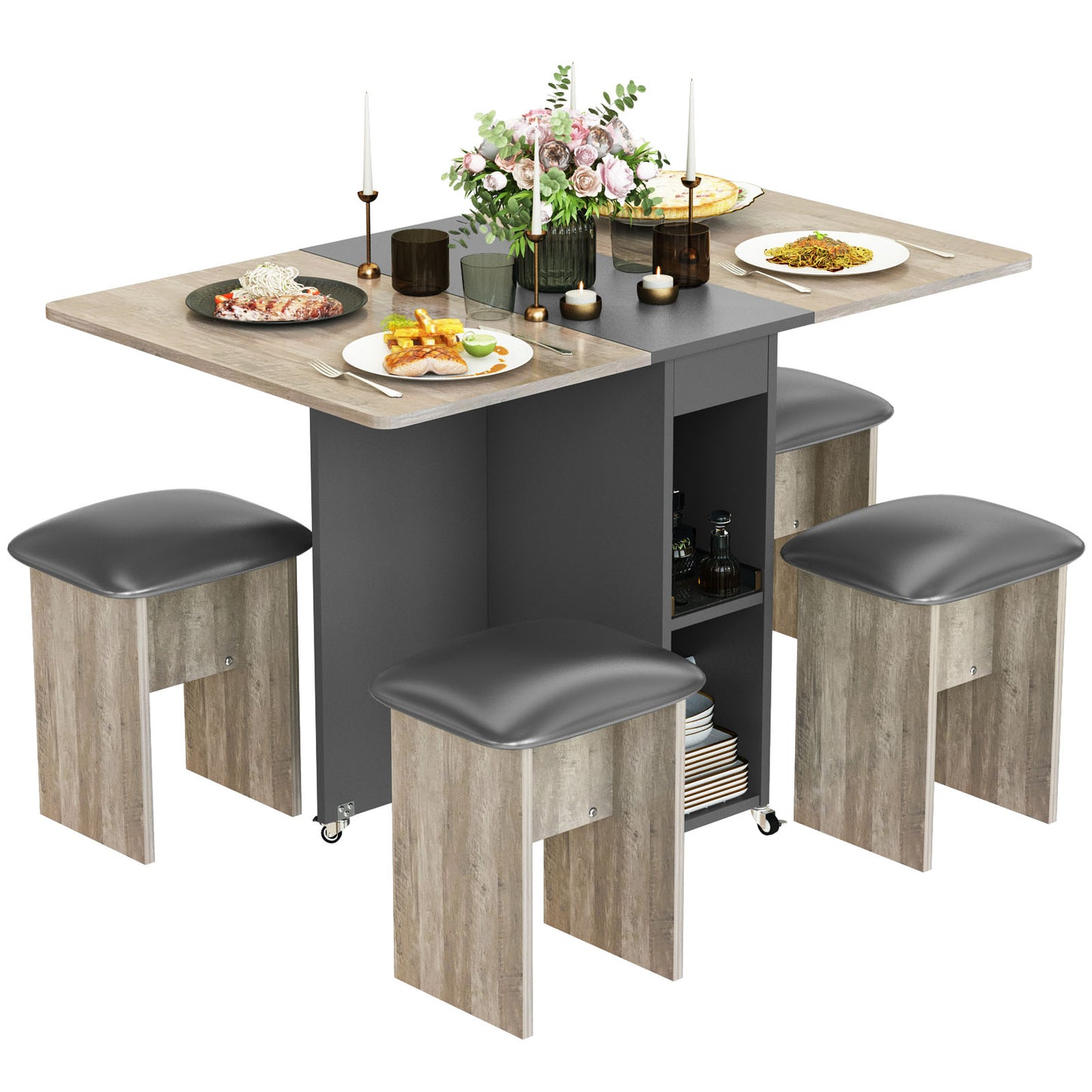 AWQM Folding Dining Table Set for 4, Dinner Table with 4 Leather Chairs and Shelves, Space Saving Foldable Dining Table with 6 Wheels, Kitchen Table Set for Small Spaces