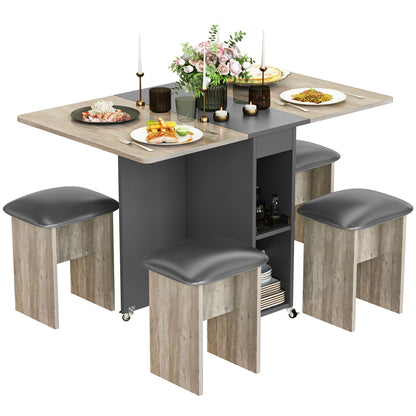 AWQM Folding Dining Table Set for 4, Dinner Table with 4 Leather Chairs and Shelves, Space Saving Foldable Dining Table with 6 Wheels, Kitchen Table Set for Small Spaces