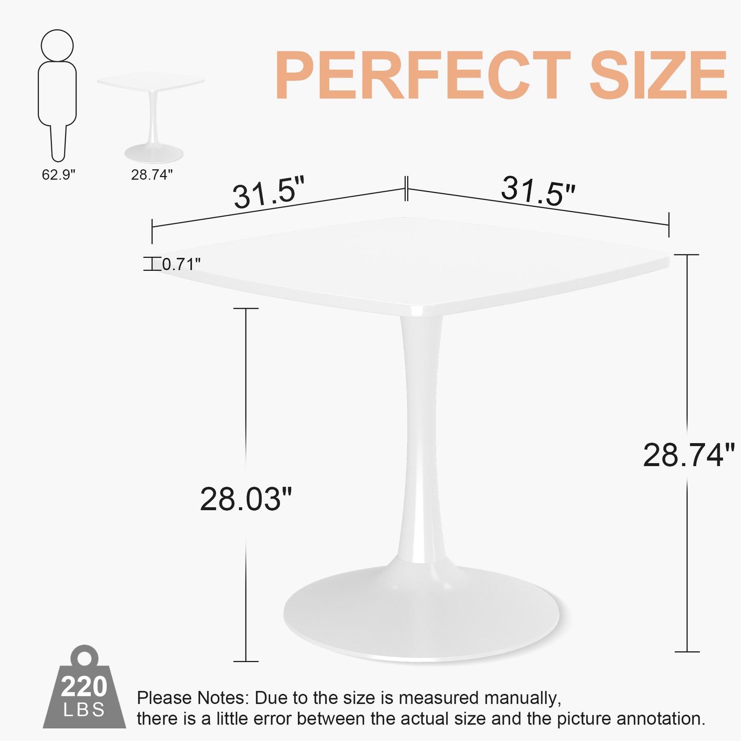AWQM 31.5" Square Dining Table, Mid-Century Modern Square Pedestal Table for 2-4 Person, 0.71" Desktop Thickness & Metal Base, Small Kitchen Table Tulip Table Easy Assembled Save Space Leisure Coffee Breakfast Table ( 31.5" L X 31.5" W X 29" H )