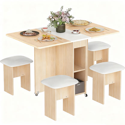 AWQM Folding Dining Table Set for 4, Dinner Table with 4 Leather Chairs and Shelves, Space Saving Foldable Dining Table with 6 Wheels, Kitchen Table Set for Small Spaces