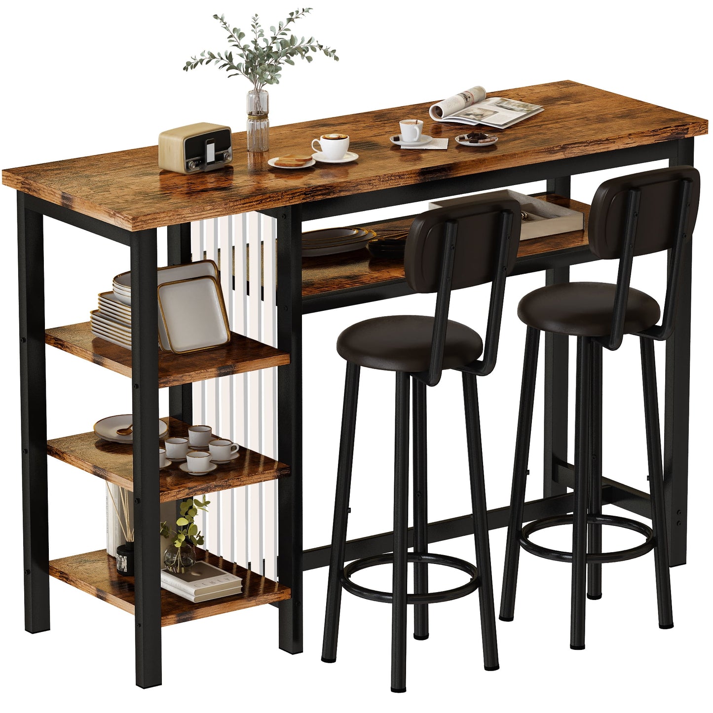 AWQM Bar Table and Chairs Set with Backrest for 2, Kitchen Counter Height Table Set with 4 Storage Shelves, Modern Pub Table with 2 PU Upholstered Stools for Kitchen, Dining Room, Rustic Brown+Black