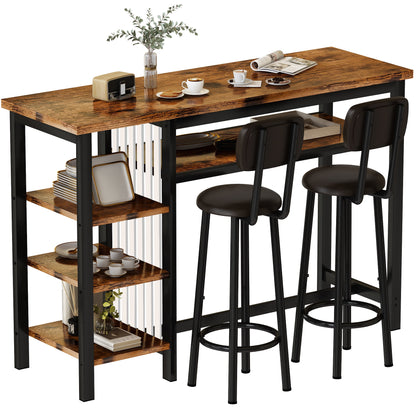 AWQM Bar Table and Chairs Set with Backrest for 2, Kitchen Counter Height Table Set with 4 Storage Shelves, Modern Pub Table with 2 PU Upholstered Stools for Kitchen, Dining Room, Rustic Brown+Black