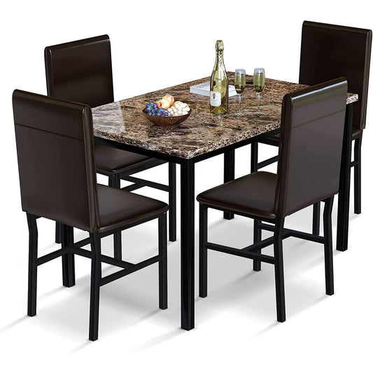 AWQM Modern 5-Piece Dining Table Set, Artificial Marble Dining Table. With 4 chairs in PU leather for use in the kitchen and living room, brown