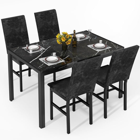 AWQM Products 5-Piece Marble Dining Set, Modern Kitchen Table and Chairs for Dining Room, Dinette, Compact Space Saving Furniture, 4 Upholstered Velvet Chairs - Black