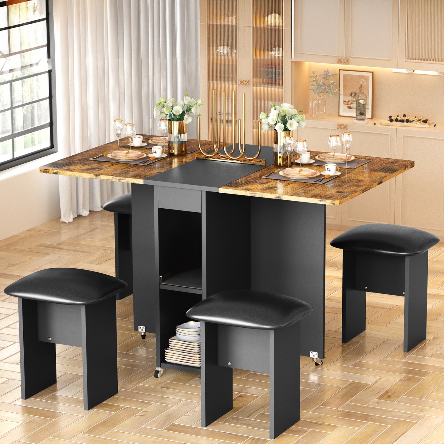 AWQM Folding Dining Table Set for 4, Dinner Table with 4 Leather Chairs and Shelves, Space Saving Foldable Dining Table with 6 Wheels, Kitchen Table Set for Small Spaces