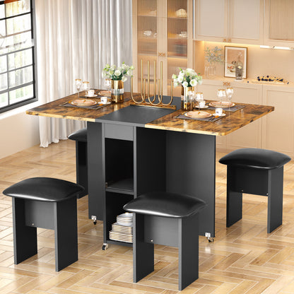 AWQM Folding Dining Table Set for 4, Dinner Table with 4 Leather Chairs and Shelves, Space Saving Foldable Dining Table with 6 Wheels, Kitchen Table Set for Small Spaces