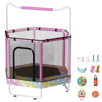 AWQM 55" Hexagon Trampoline, Indoor/Outdoor Trampoline, Safety Enclosure Net and Adjustable Handrail, 500lbs Capacity, 7-in-1