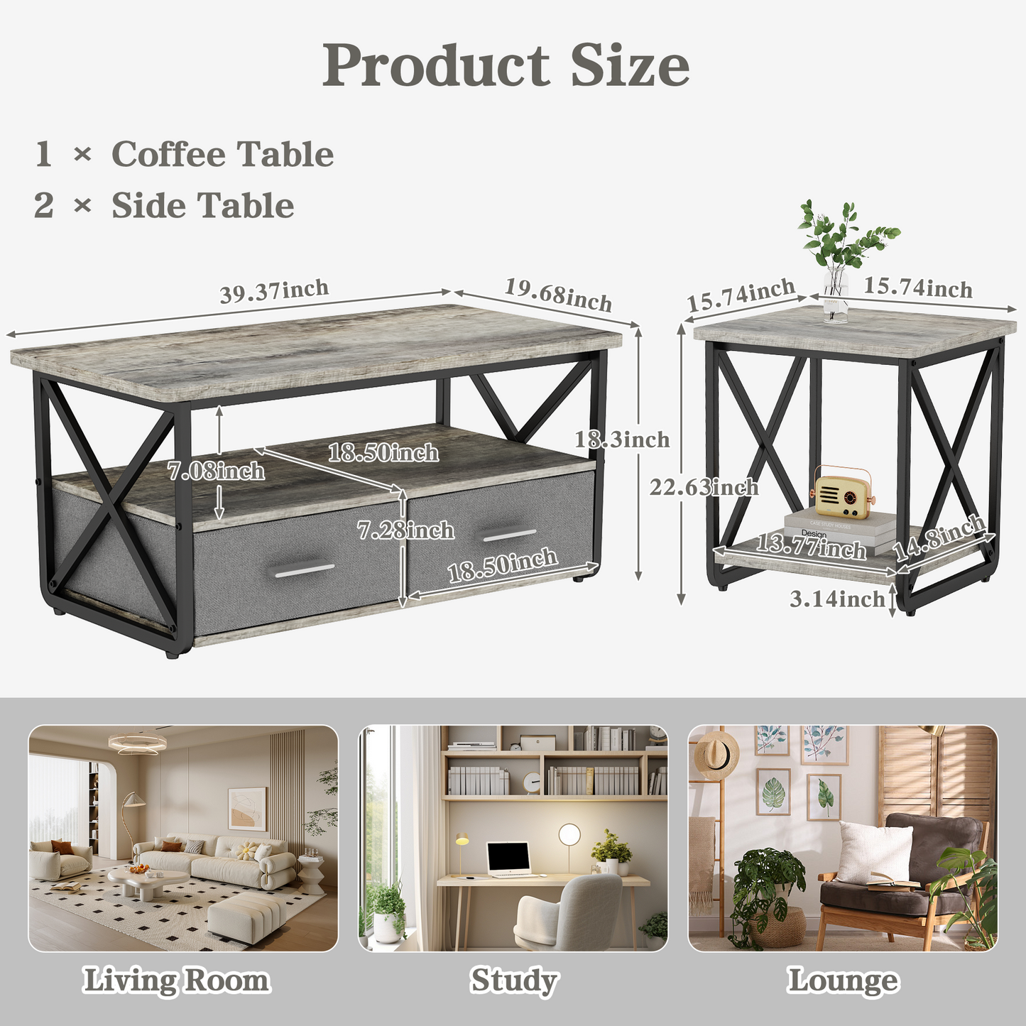 Modern Coffee Table Set of 3, with Storage Shelves and Drawers, Suitable for Small Spaces, Bedrooms, Living Rooms and Apartments.