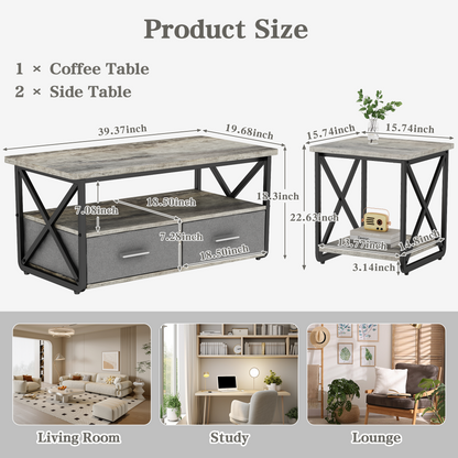Modern Coffee Table Set of 3, with Storage Shelves and Drawers, Suitable for Small Spaces, Bedrooms, Living Rooms and Apartments.