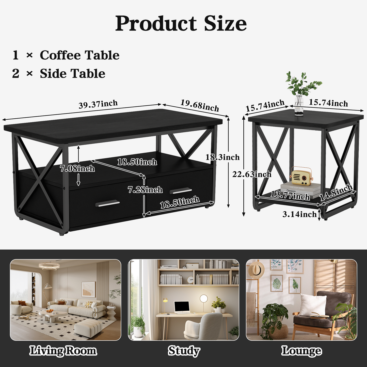 Modern Coffee Table Set of 3, with Storage Shelves and Drawers, Suitable for Small Spaces, Bedrooms, Living Rooms and Apartments.