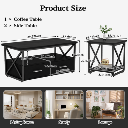 Modern Coffee Table Set of 3, with Storage Shelves and Drawers, Suitable for Small Spaces, Bedrooms, Living Rooms and Apartments.