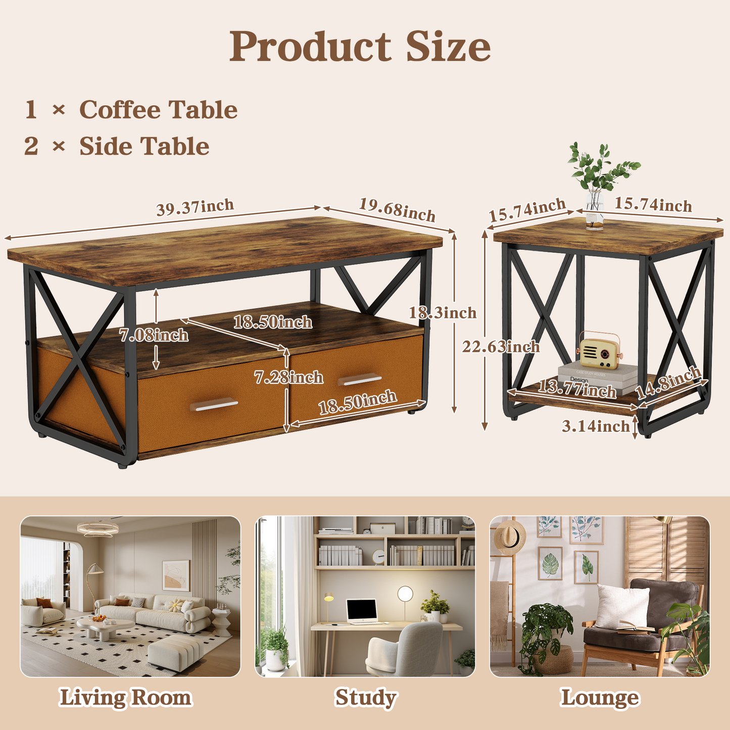 Modern Coffee Table Set of 3, with Storage Shelves and Drawers, Suitable for Small Spaces, Bedrooms, Living Rooms and Apartments.