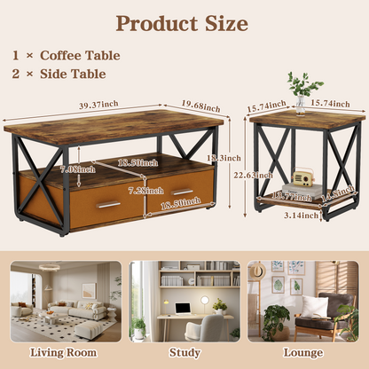 Modern Coffee Table Set of 3, with Storage Shelves and Drawers, Suitable for Small Spaces, Bedrooms, Living Rooms and Apartments.