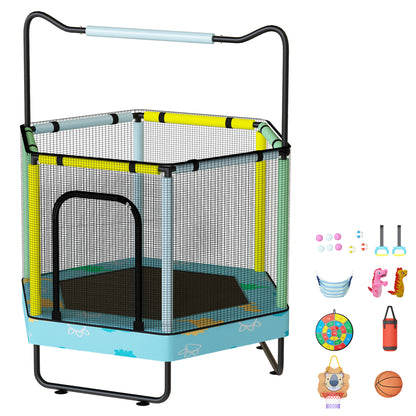 AWQM 55" Hexagon Trampoline, Indoor/Outdoor Trampoline, Safety Enclosure Net and Adjustable Handrail, 500lbs Capacity, 7-in-1