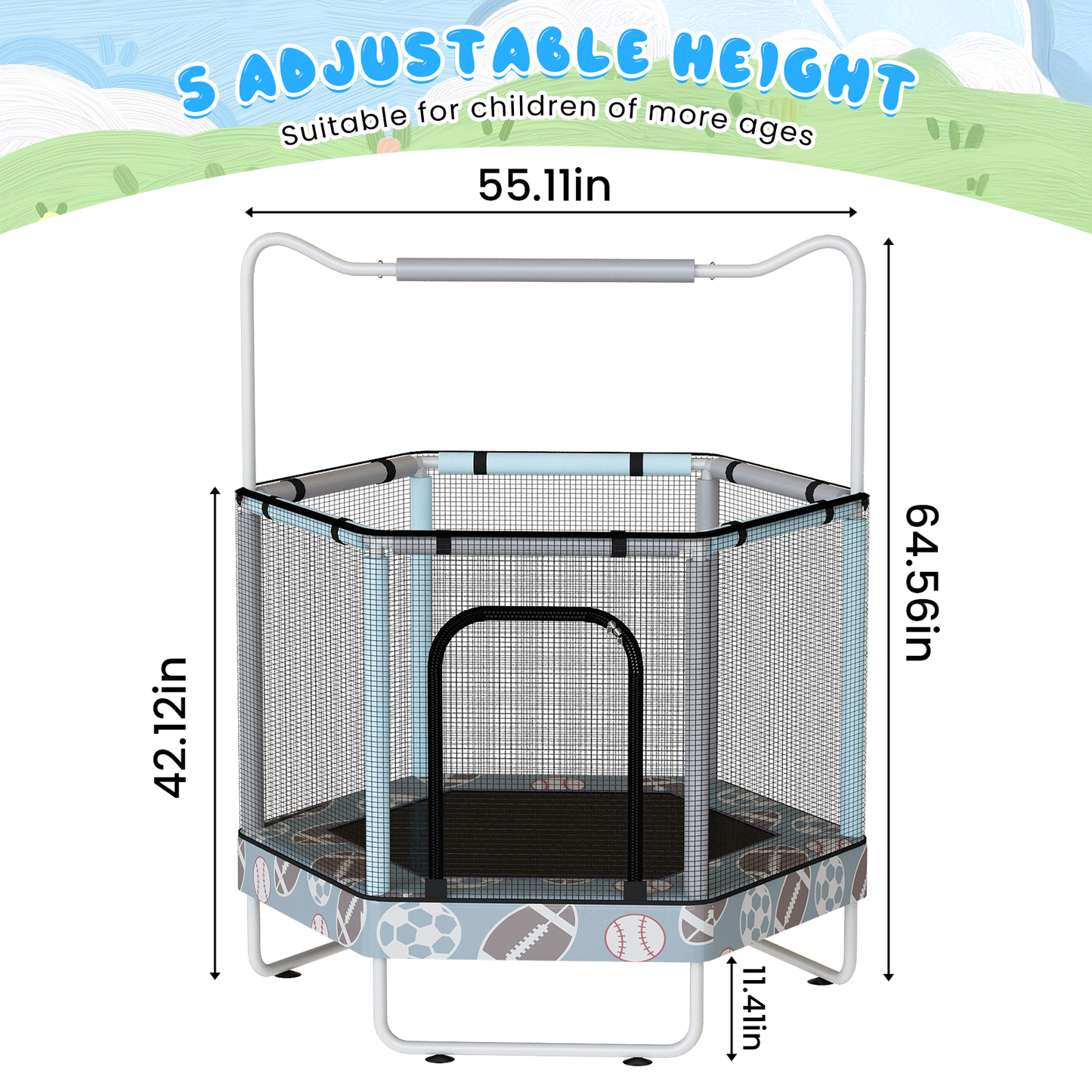 AWQM 55" Hexagon Trampoline, Indoor/Outdoor Trampoline, Safety Enclosure Net and Adjustable Handrail, 500lbs Capacity, 7-in-1