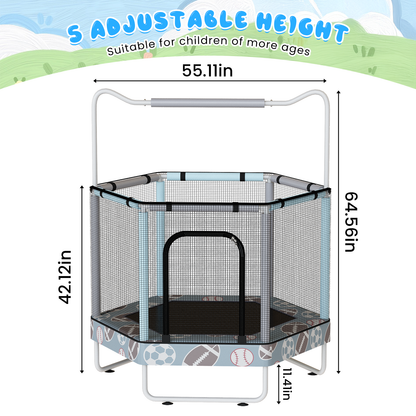 AWQM 55" Hexagon Trampoline, Indoor/Outdoor Trampoline, Safety Enclosure Net and Adjustable Handrail, 500lbs Capacity, 7-in-1