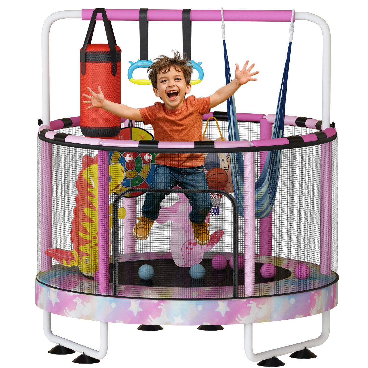 AWQM 55" 7-in-1 Round Trampoline for Kids Boys & Girls Ages 1-8, Indoor & Outdoor Trampoline for Fun, Adjustable Height Handrail ＆ Enclosed Safety Net ＆ Durable Designs for Toddlers Children