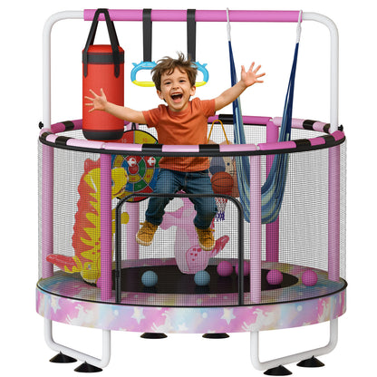 AWQM 55" 7-in-1 Round Trampoline for Kids Boys & Girls Ages 1-8, Indoor & Outdoor Trampoline for Fun, Adjustable Height Handrail ＆ Enclosed Safety Net ＆ Durable Designs for Toddlers Children