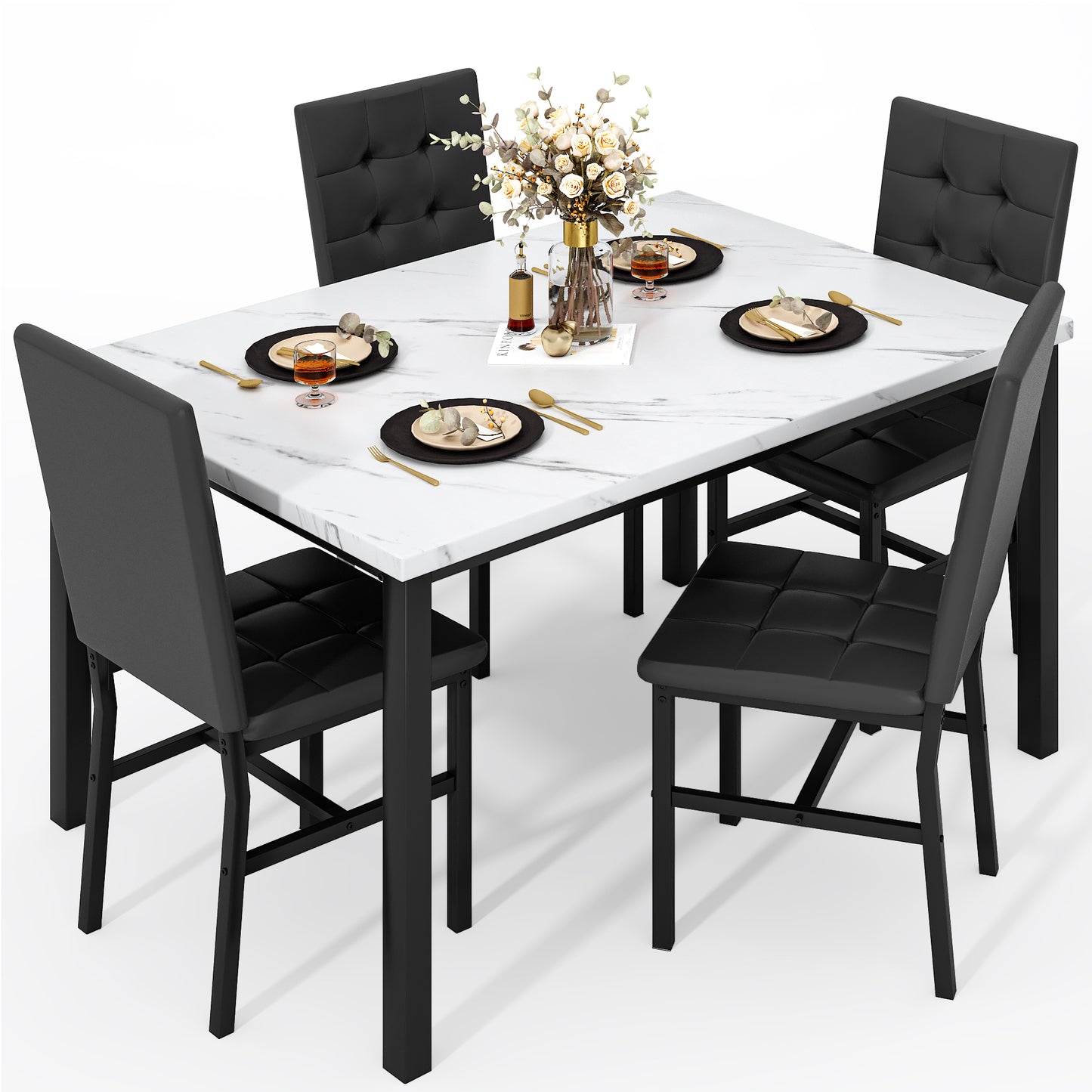AWQM Dining Table Set for 4,Faux Marble Kitchen Table and Chairs Set of 4, Modern Dining Room Set for 4,Dinner Table Set with Velvet Chairs, Dining Set for Small Spaces