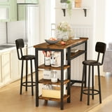AWQM Bar Table and Chairs Set with Backrest for 2, Kitchen Counter Height Table Set with 4 Storage Shelves, Modern Pub Table with 2 PU Upholstered Stools for Kitchen, Dining Room, Rustic Brown+Black