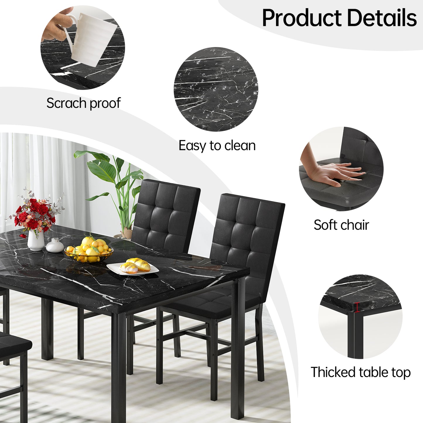 AWQM Dining Table Set for 4,Faux Marble Kitchen Table and Chairs Set of 4, Modern Dining Room Set for 4,Dinner Table Set with Velvet Chairs, Dining Set for Small Spaces