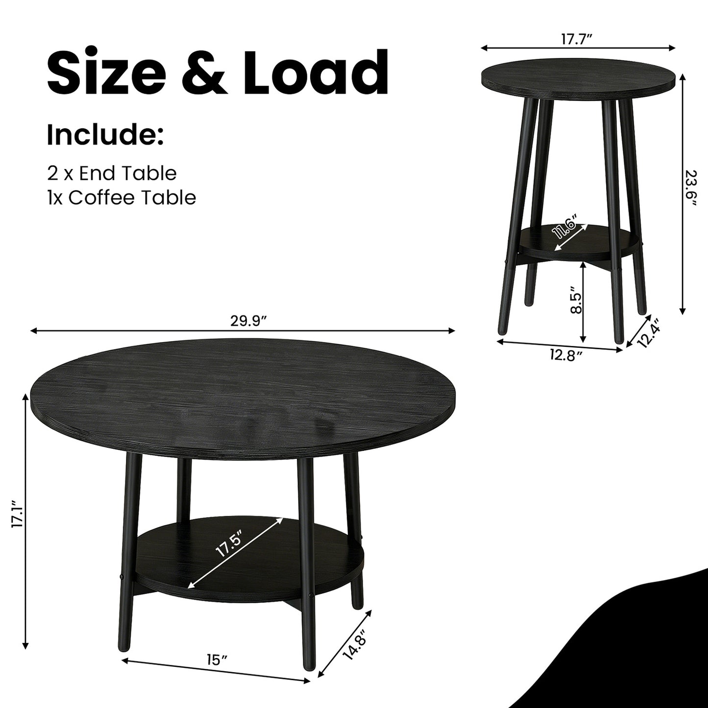 3piece Double Storage Round Coffee Table, Living Room Storage Table, Wood MDF Desktop and Metal Frame, Modern Style, Living Room/Bedroom.