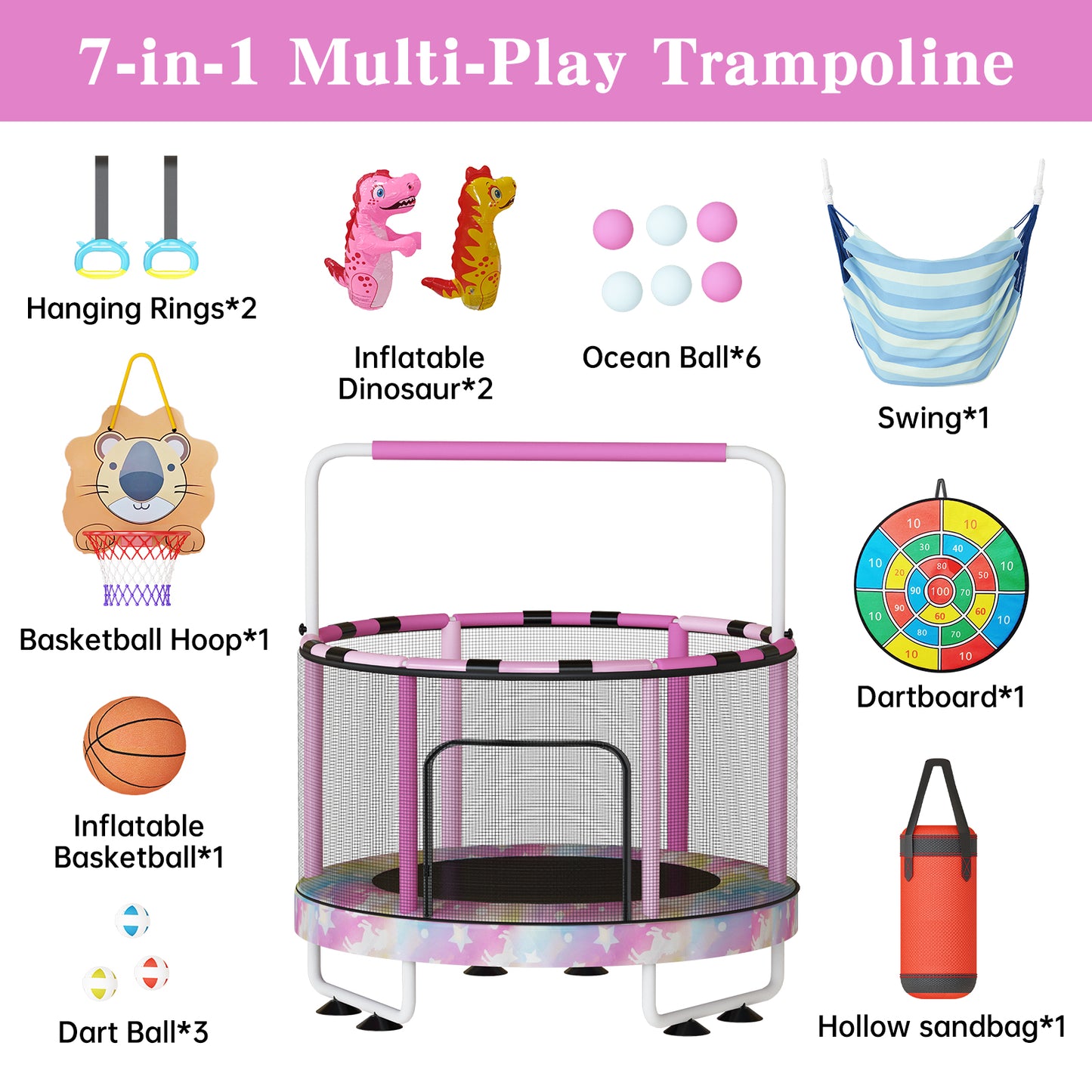 AWQM 55" 7-in-1 Round Trampoline for Kids Boys & Girls Ages 1-8, Indoor & Outdoor Trampoline for Fun, Adjustable Height Handrail ＆ Enclosed Safety Net ＆ Durable Designs for Toddlers Children