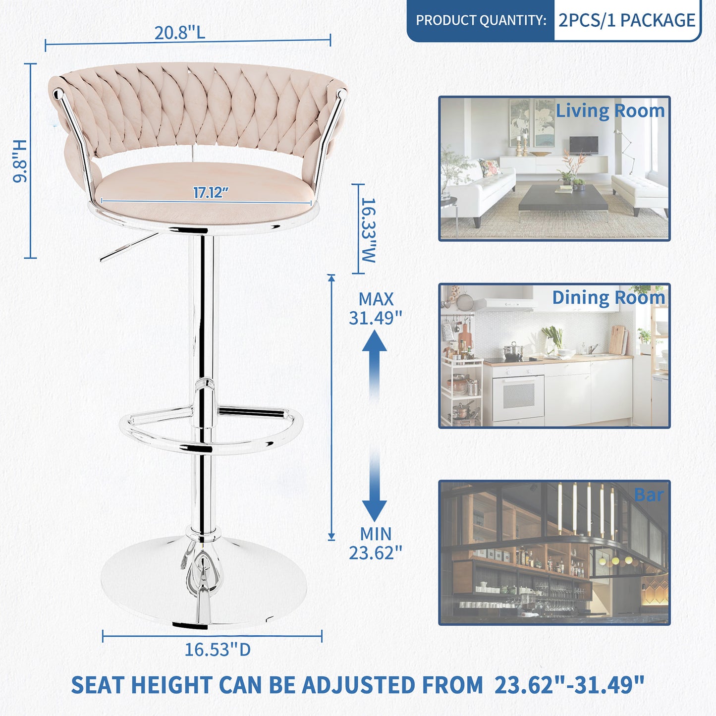AWQM Velvet Bar Stools Set of 2 - Adjustable Height Swivel Kitchen Stools with Low Back for Dining Room, Breakfast Bar, Home Decor, and Entertaining Guests