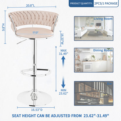 AWQM Velvet Bar Stools Set of 2 - Adjustable Height Swivel Kitchen Stools with Low Back for Dining Room, Breakfast Bar, Home Decor, and Entertaining Guests