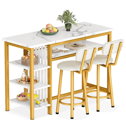 AWQM Bar Table and Chairs Set with Backrest for 2, Kitchen Counter Height Table Set with 4 Storage Shelves, Modern Pub Table with 2 PU Upholstered Stools for Kitchen, Dining Room, Rustic Brown+Black