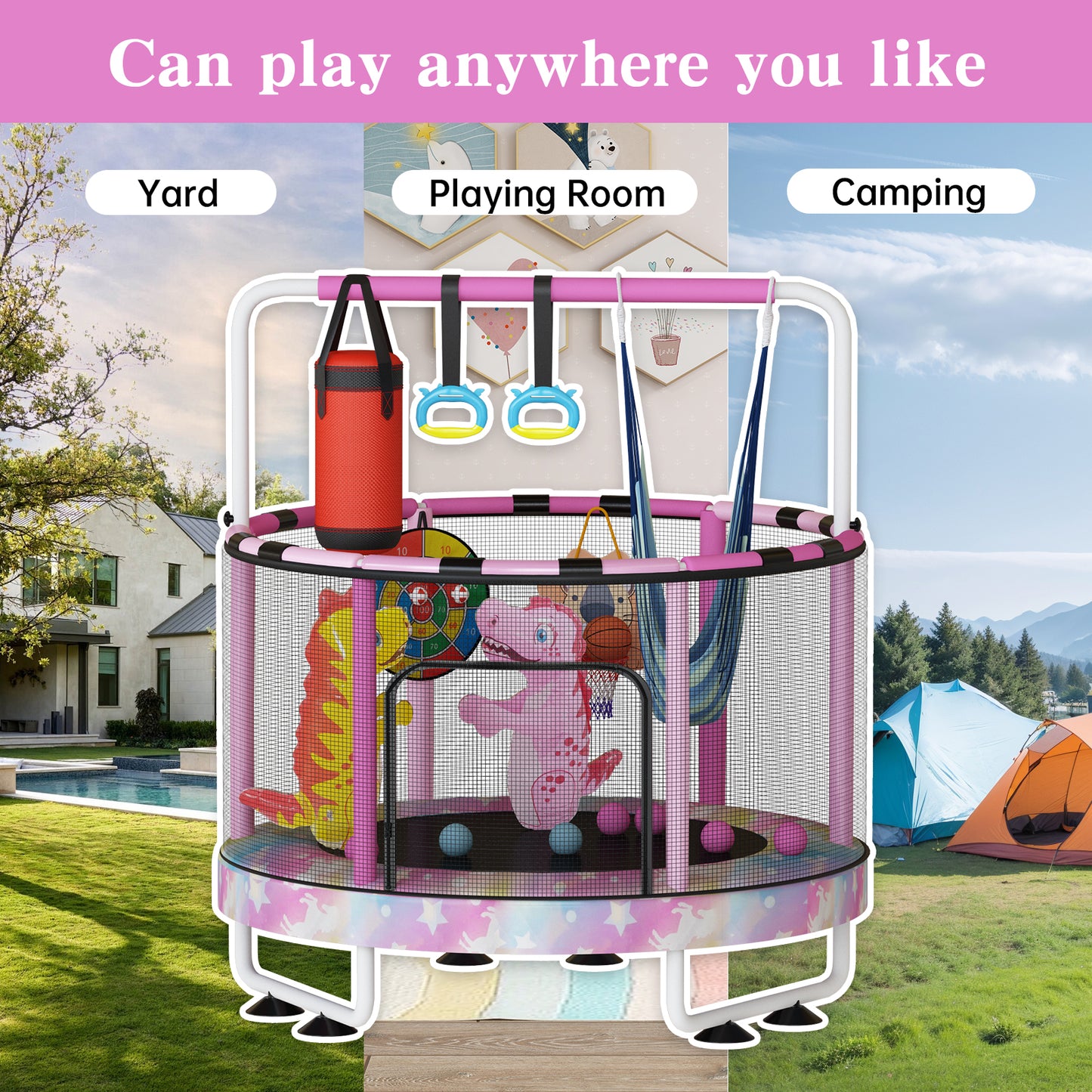AWQM 55" 7-in-1 Round Trampoline for Kids Boys & Girls Ages 1-8, Indoor & Outdoor Trampoline for Fun, Adjustable Height Handrail ＆ Enclosed Safety Net ＆ Durable Designs for Toddlers Children