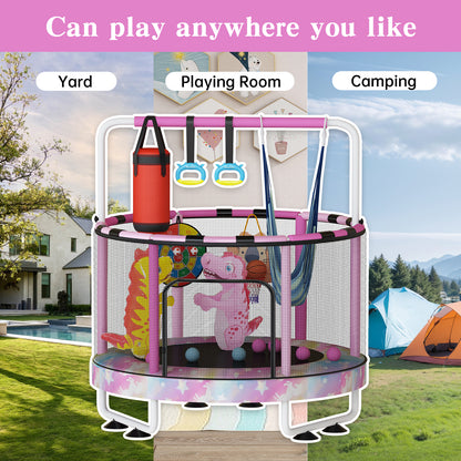 AWQM 55" 7-in-1 Round Trampoline for Kids Boys & Girls Ages 1-8, Indoor & Outdoor Trampoline for Fun, Adjustable Height Handrail ＆ Enclosed Safety Net ＆ Durable Designs for Toddlers Children