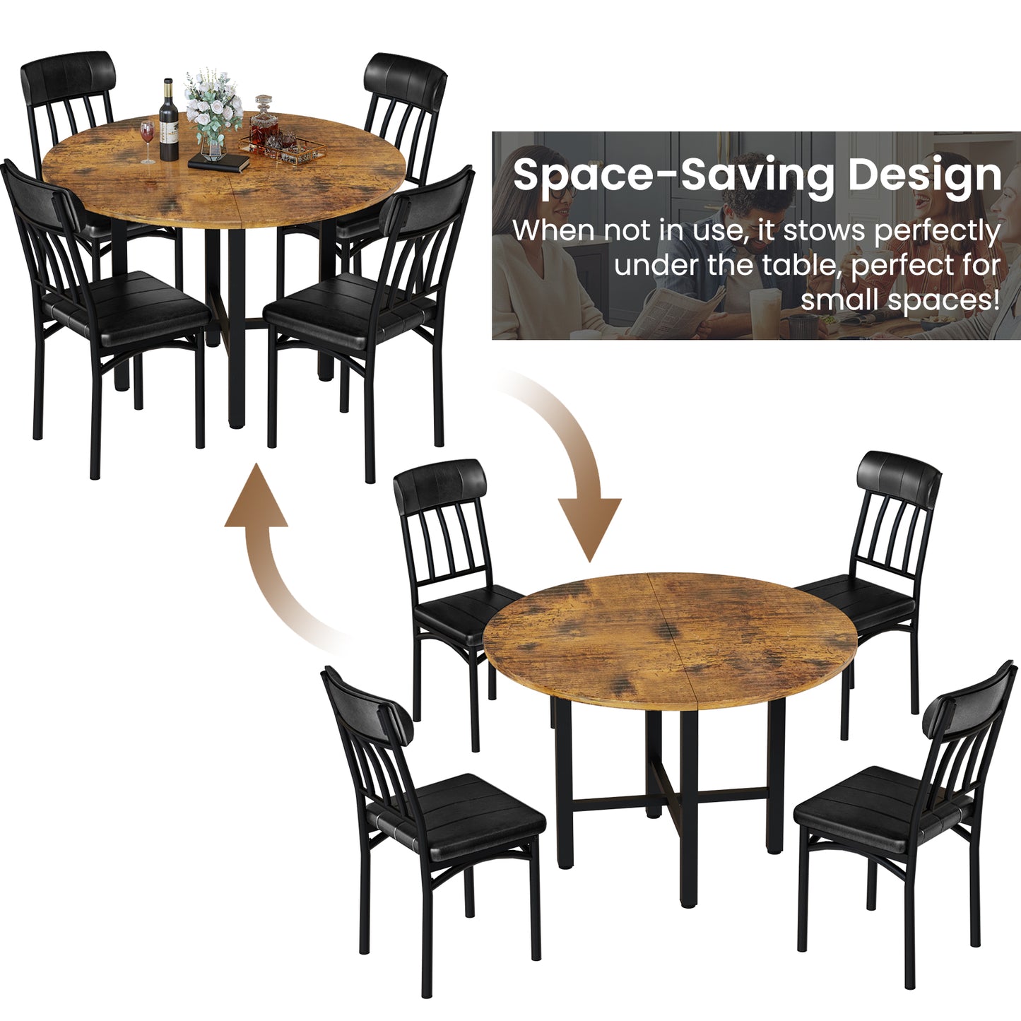AWQM Round Dining Table Set for 4, Wood Circle Kitchen Table and Chairs Set for 4, Modern Dining Room Sets with 4 Faux Leather Chairs, Round Dinner Table for Small Space