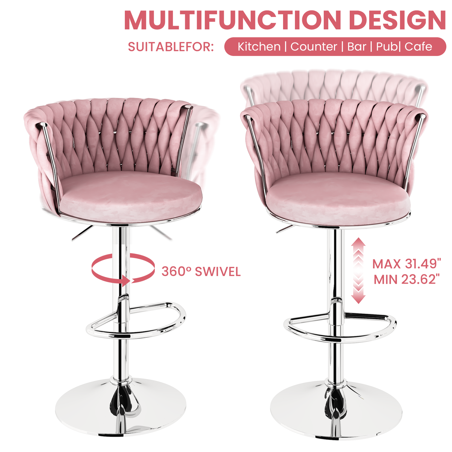 AWQM Velvet Bar Stools Set of 2,Counter Height Barstools Adjustable Kitchen Island Chairs,Swivel Barstool Upholstered Counter Bar Chairs with Back & Footrest